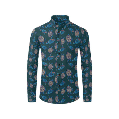 Sea Turtle Hand Drawn Blue Print Men's Long Sleeve Shirt