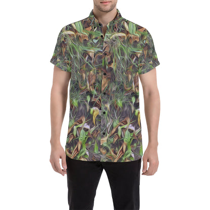 Camouflage Realistic Tree Print Men's Short Sleeve Button Up Shirt