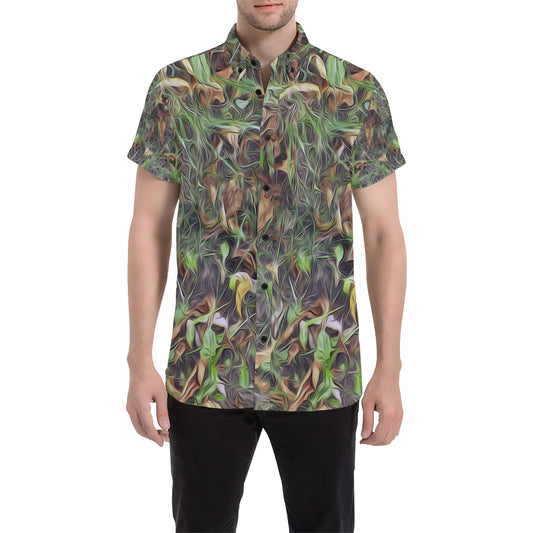 Camouflage Realistic Tree Print Men's Short Sleeve Button Up Shirt