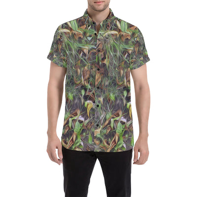 Camouflage Realistic Tree Print Men's Short Sleeve Button Up Shirt