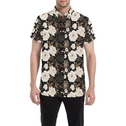 Peony Pattern Print Design A02 Men's Short Sleeve Button Up Shirt