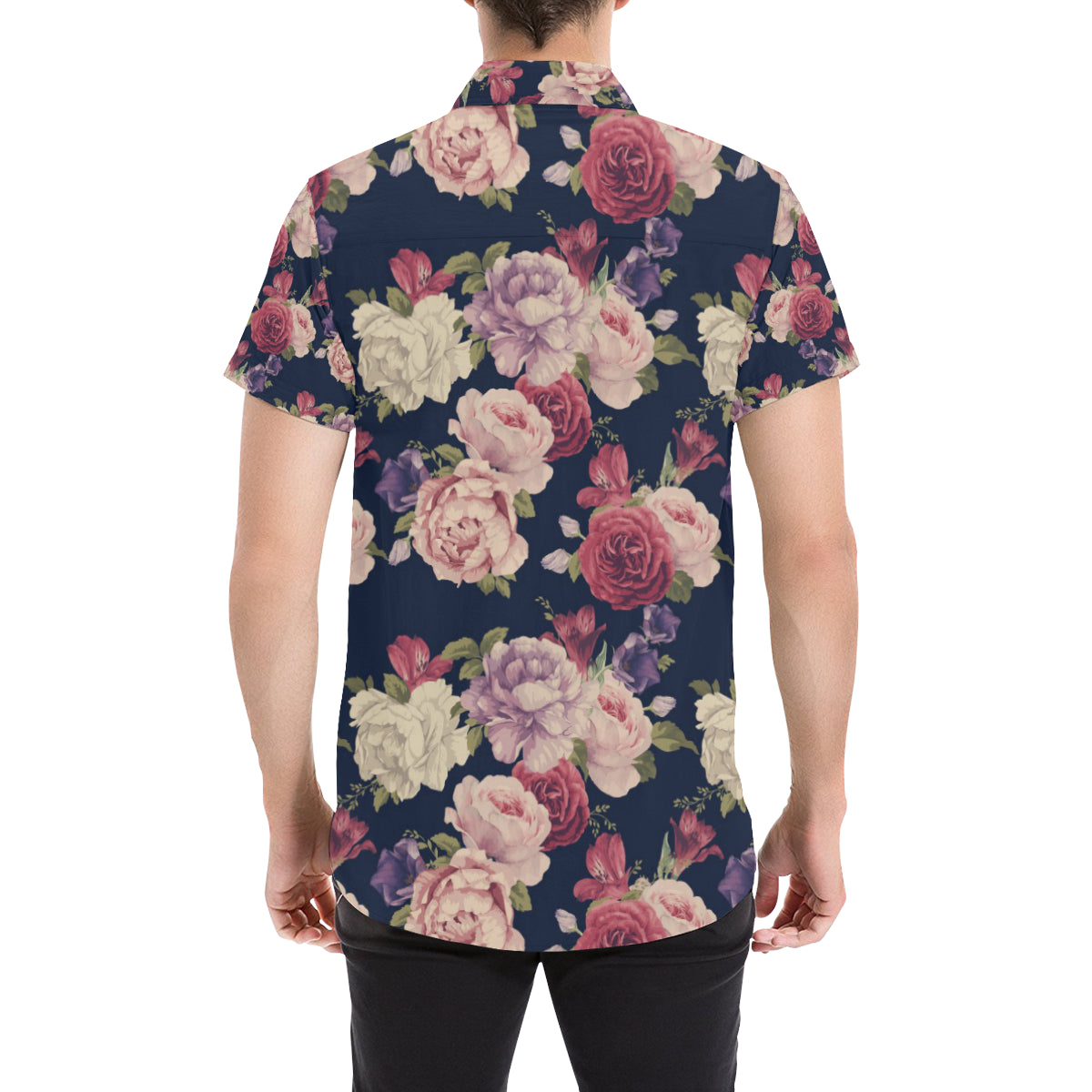 Peony Pattern Print Design PE03 Men's Short Sleeve Button Up Shirt