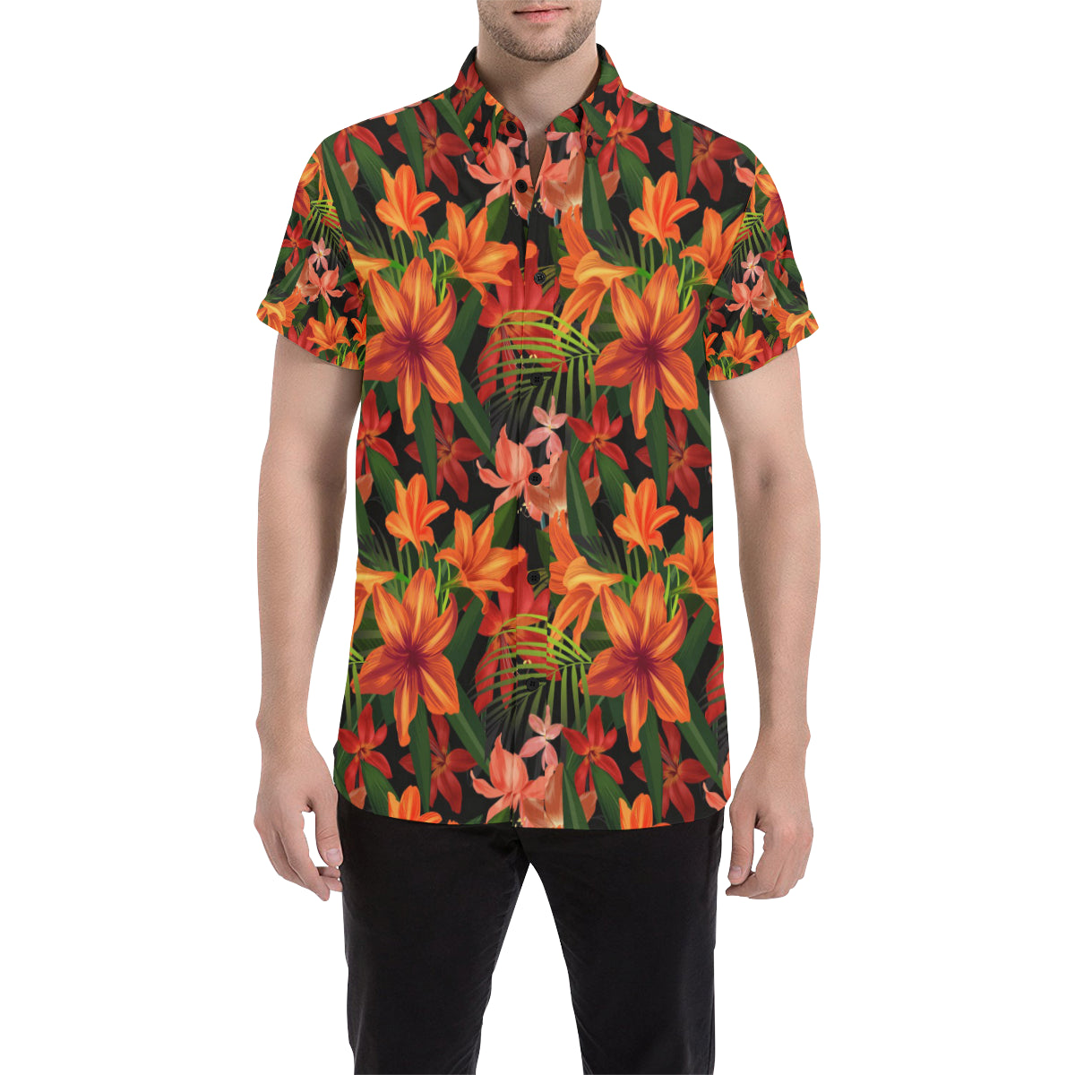 Amaryllis Pattern Print Design AL05 Men's Short Sleeve Button Up Shirt