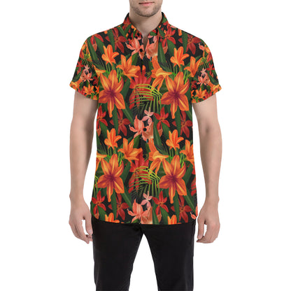 Amaryllis Pattern Print Design AL05 Men's Short Sleeve Button Up Shirt