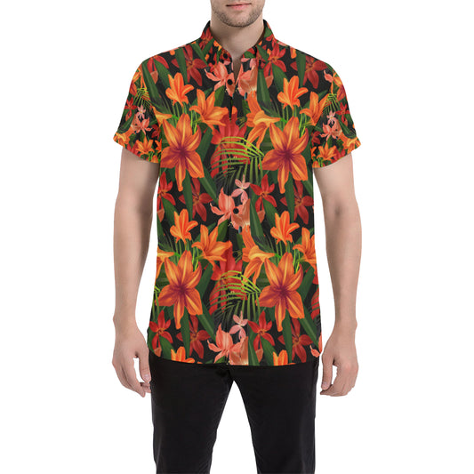 Amaryllis Pattern Print Design AL05 Men's Short Sleeve Button Up Shirt