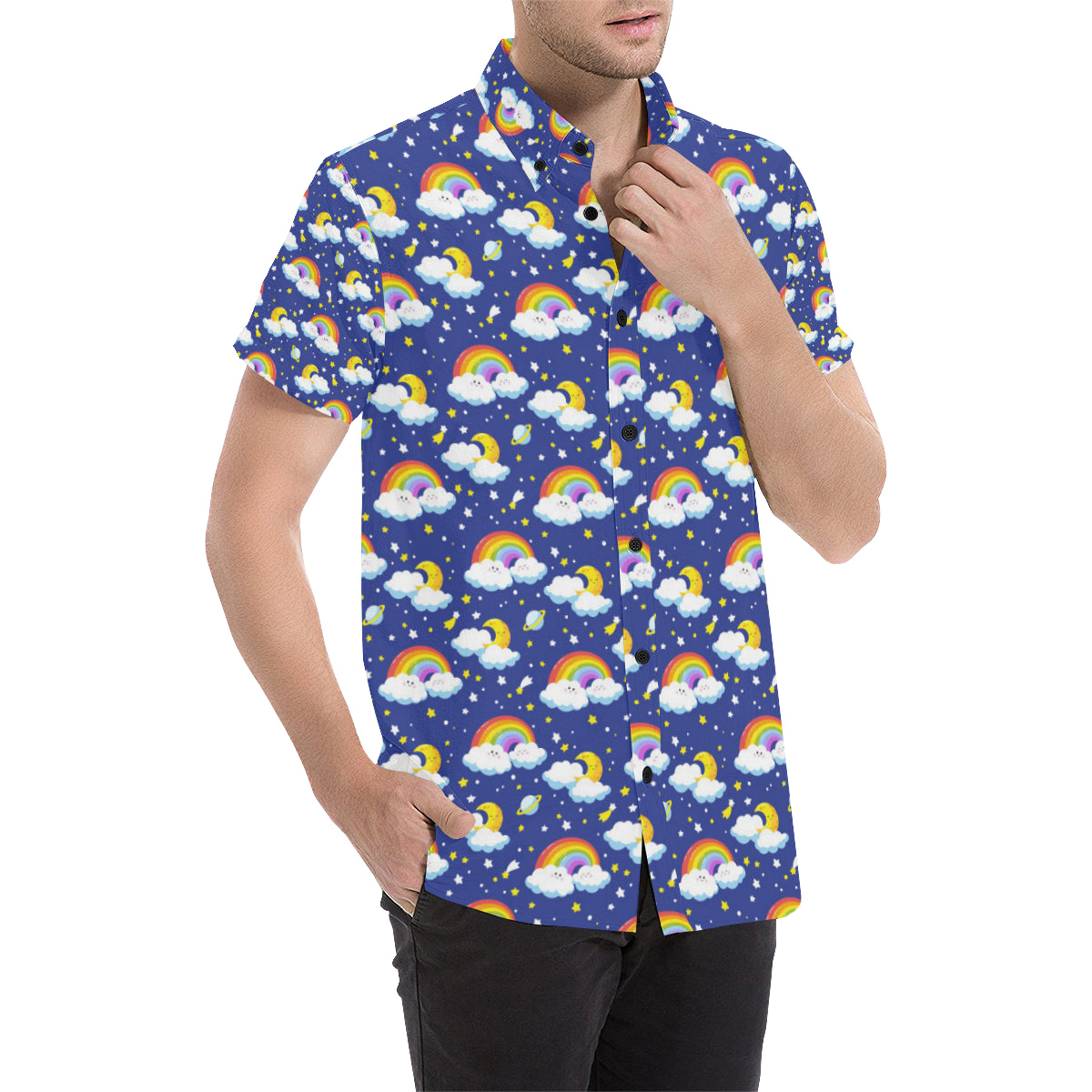 Rainbow Space Design Print Men's Short Sleeve Button Up Shirt