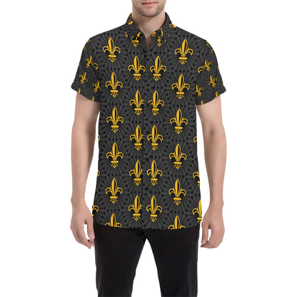 Fleur De Lis Gold Pattern Print Design 01 Men's Short Sleeve Button Up Shirt