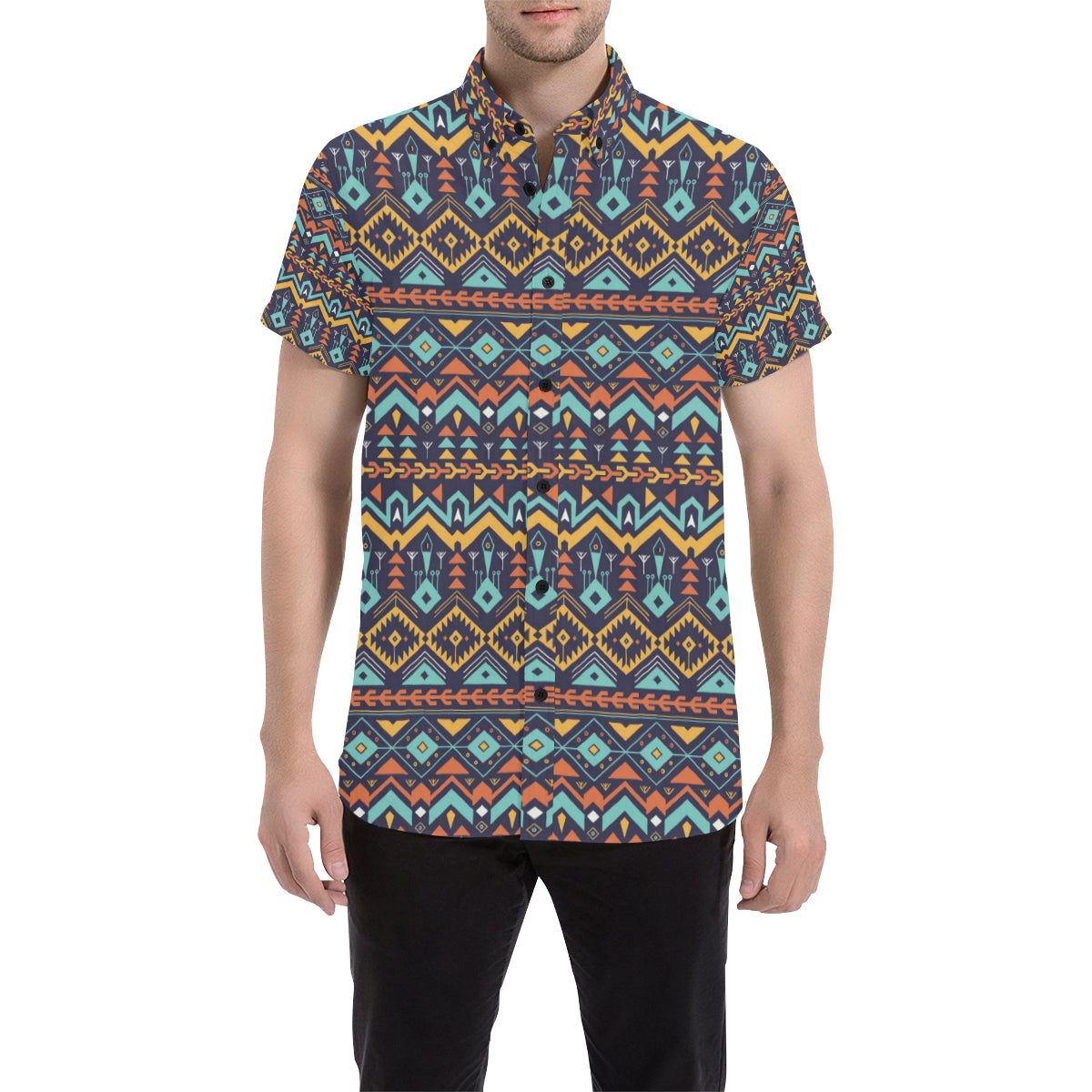 Aztec Style Print Pattern Men's Short Sleeve Button Up Shirt