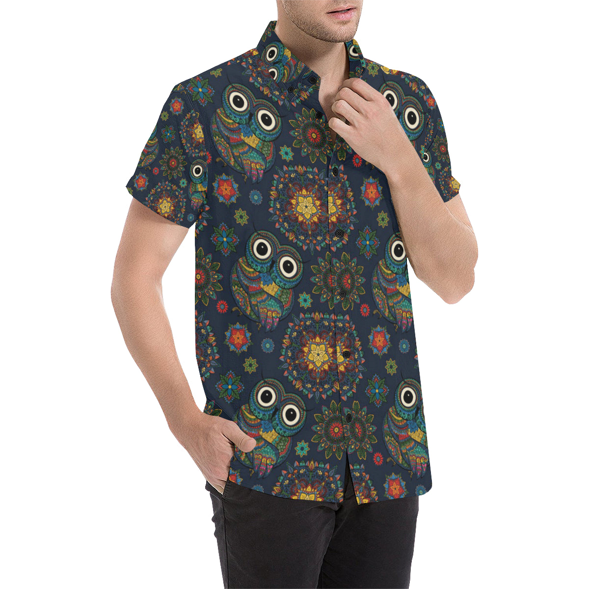 Owl Boho Style Pattern Print Design A04 Men's Short Sleeve Button Up Shirt