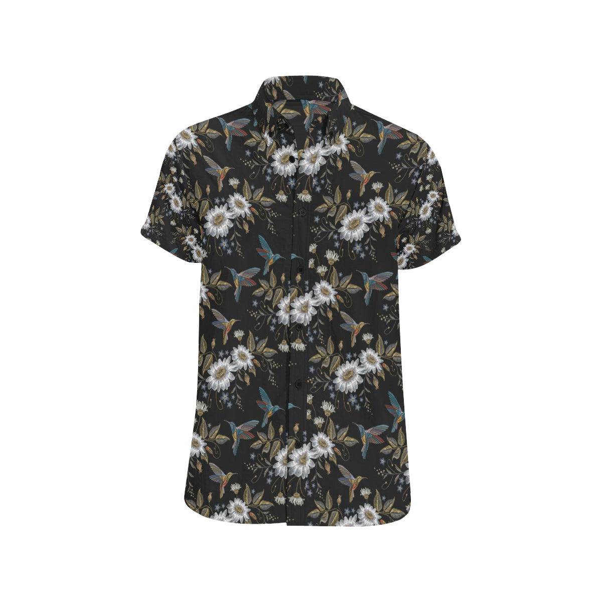 Hummingbird with Embroidery Themed Print Men's Short Sleeve Button Up Shirt