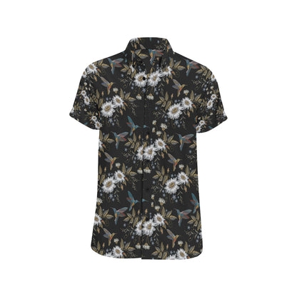 Hummingbird with Embroidery Themed Print Men's Short Sleeve Button Up Shirt