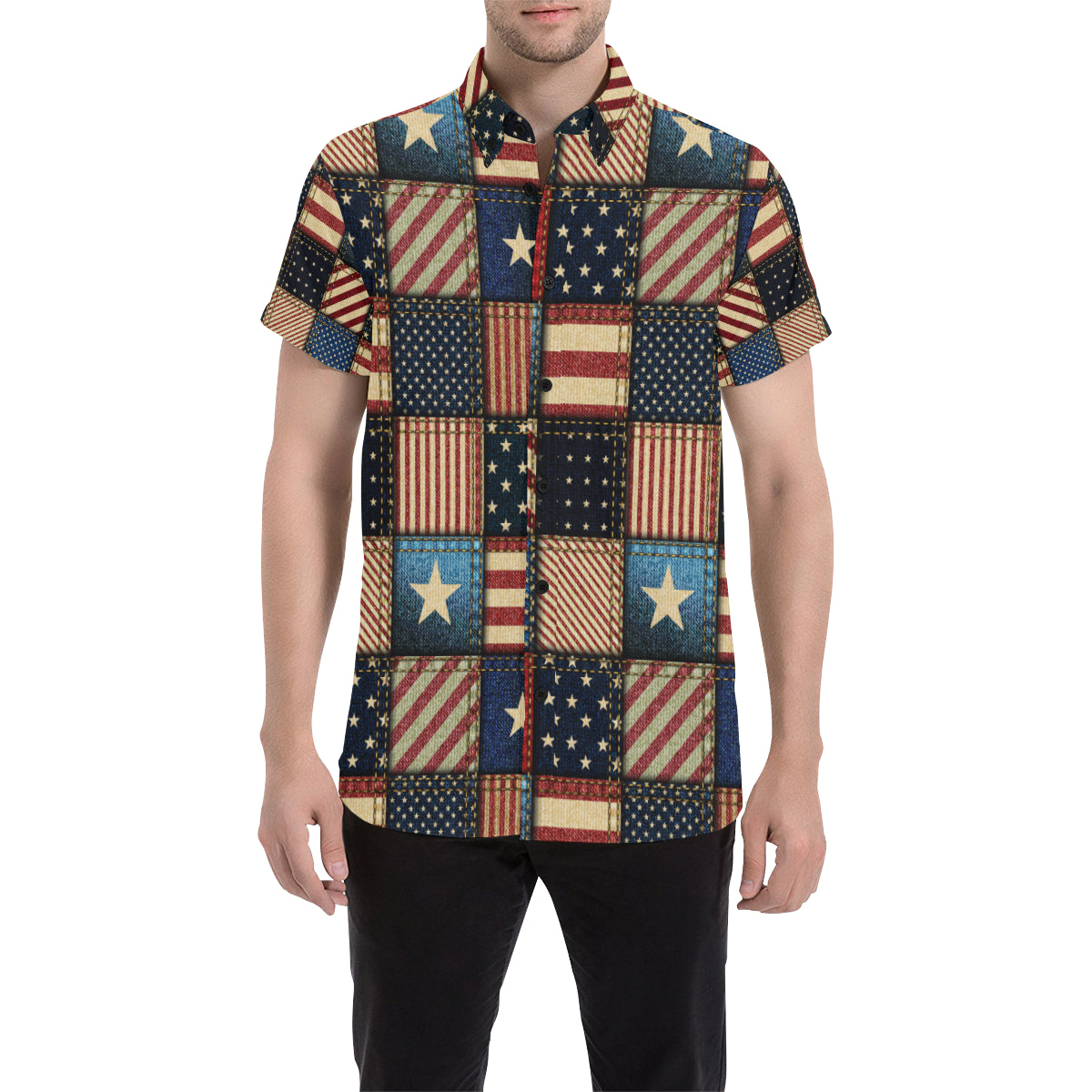 American flag Patchwork Design Men's Short Sleeve Button Up Shirt