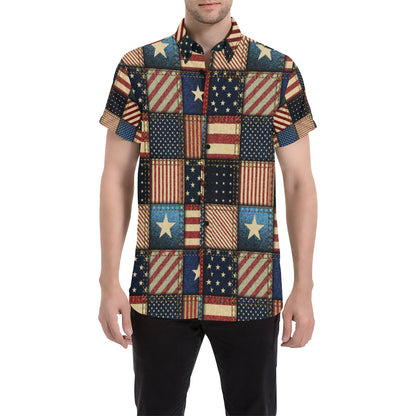 American flag Patchwork Design Men's Short Sleeve Button Up Shirt