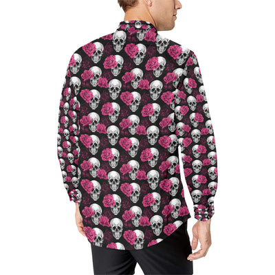 Pink Rose Skull Themed Print Men's Long Sleeve Shirt