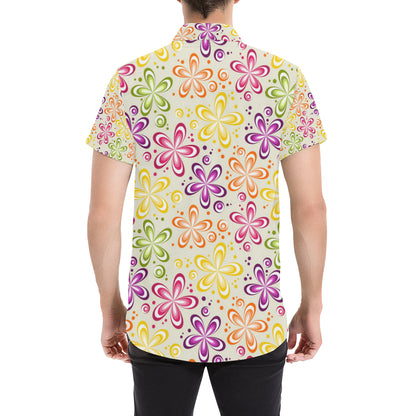 Flower Power Colorful Design Print Men's Short Sleeve Button Up Shirt