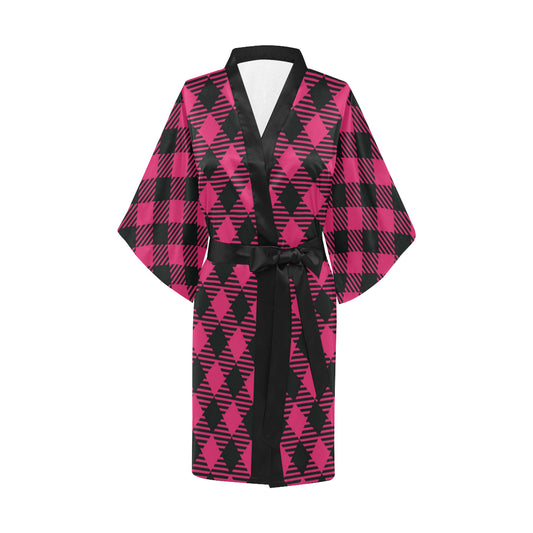 Buffalo check Pink Pattern Print Design 01 Women's Short Kimono