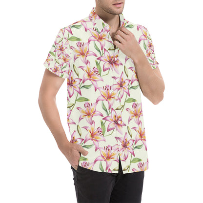 Lily Pattern Print Design LY011 Men's Short Sleeve Button Up Shirt