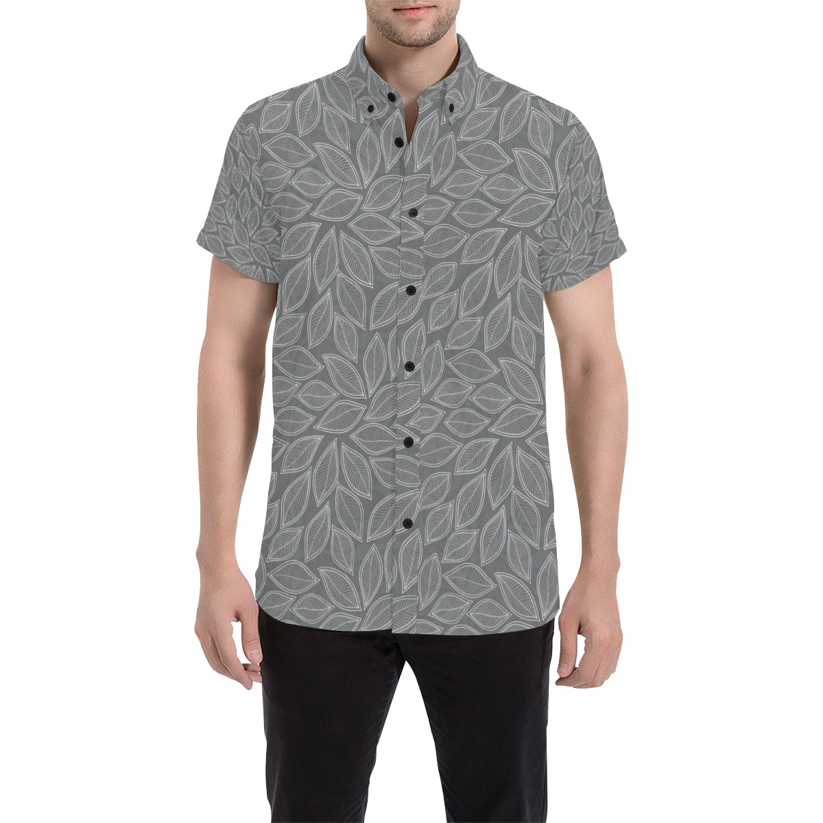 Elm Leave Grey Print Pattern Men's Short Sleeve Button Up Shirt