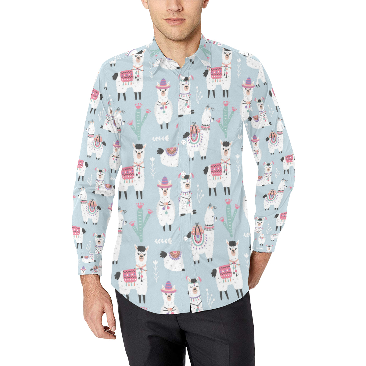 Llama Pattern Print Design 04 Men's Long Sleeve Shirt