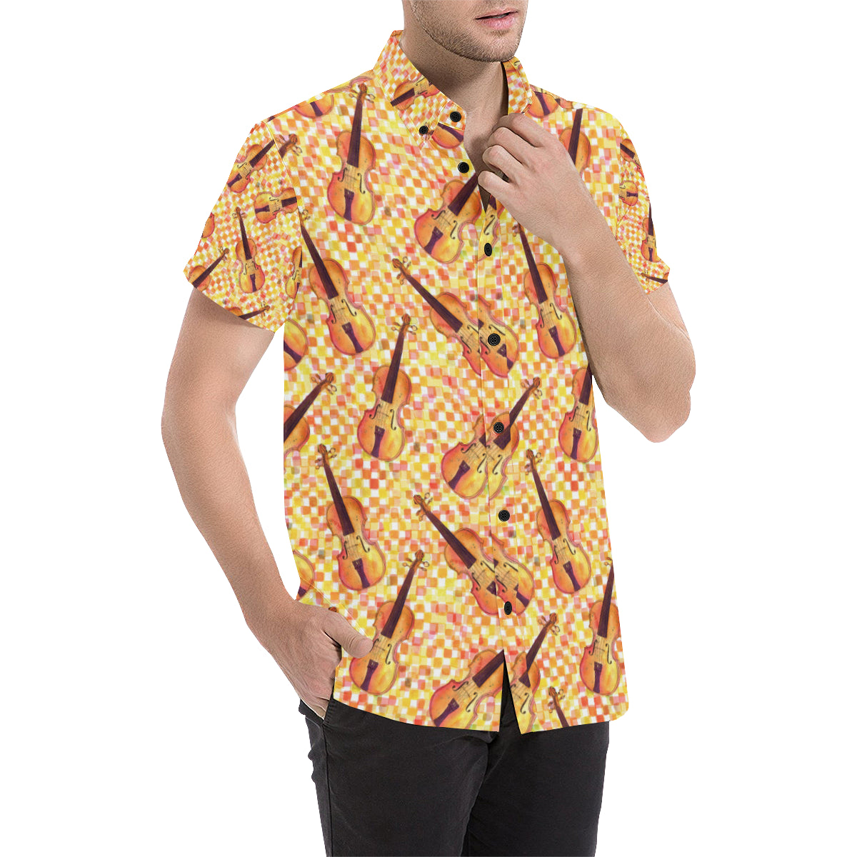 Violin Pattern Print Design 03 Men's Short Sleeve Button Up Shirt