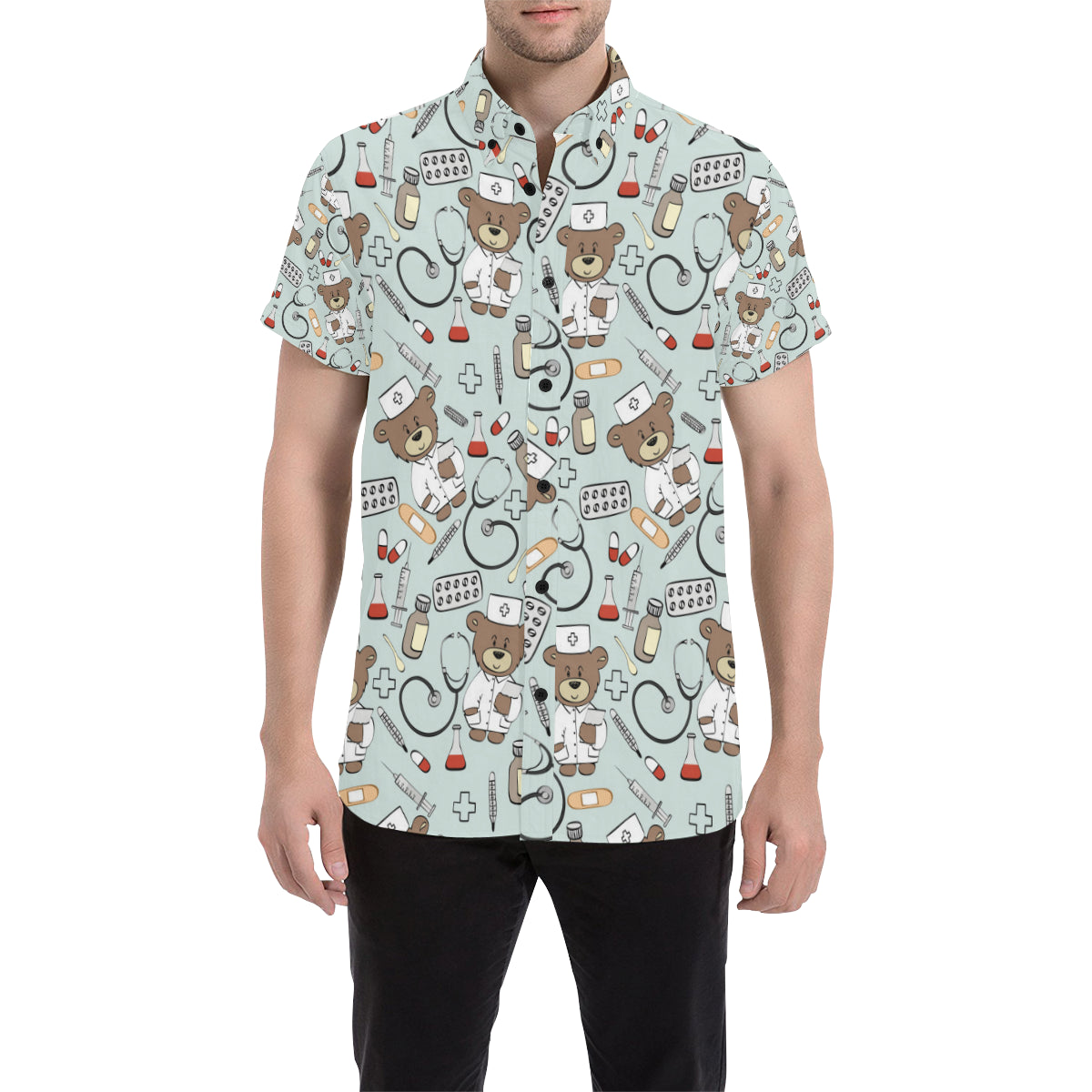 Nurse Bear Pattern Print Design A01 Men's Short Sleeve Button Up Shirt