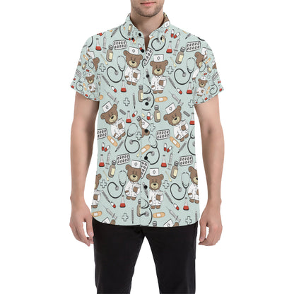 Nurse Bear Pattern Print Design A01 Men's Short Sleeve Button Up Shirt