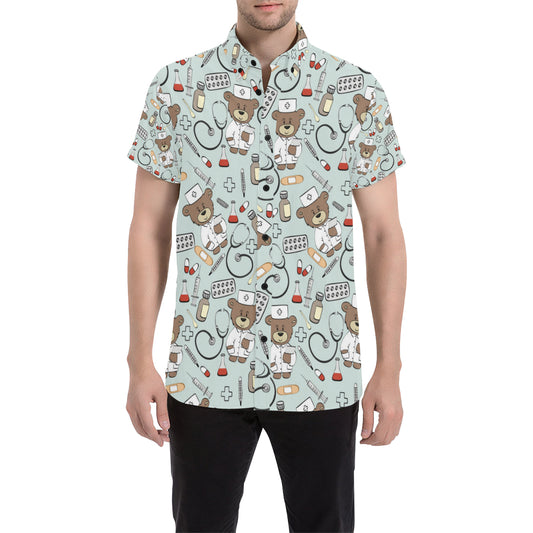 Nurse Bear Pattern Print Design A01 Men's Short Sleeve Button Up Shirt