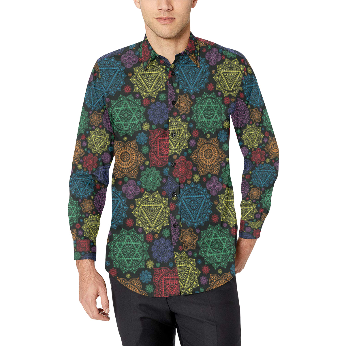 Chakra Mandala Print Pattern Men's Long Sleeve Shirt