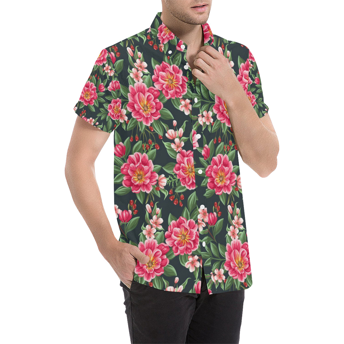 Summer Floral Pattern Print Design SF06 Men's Short Sleeve Button Up Shirt