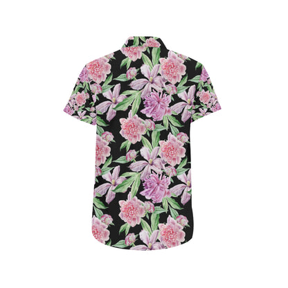Peony Pattern Print Design PE08 Men's Short Sleeve Button Up Shirt