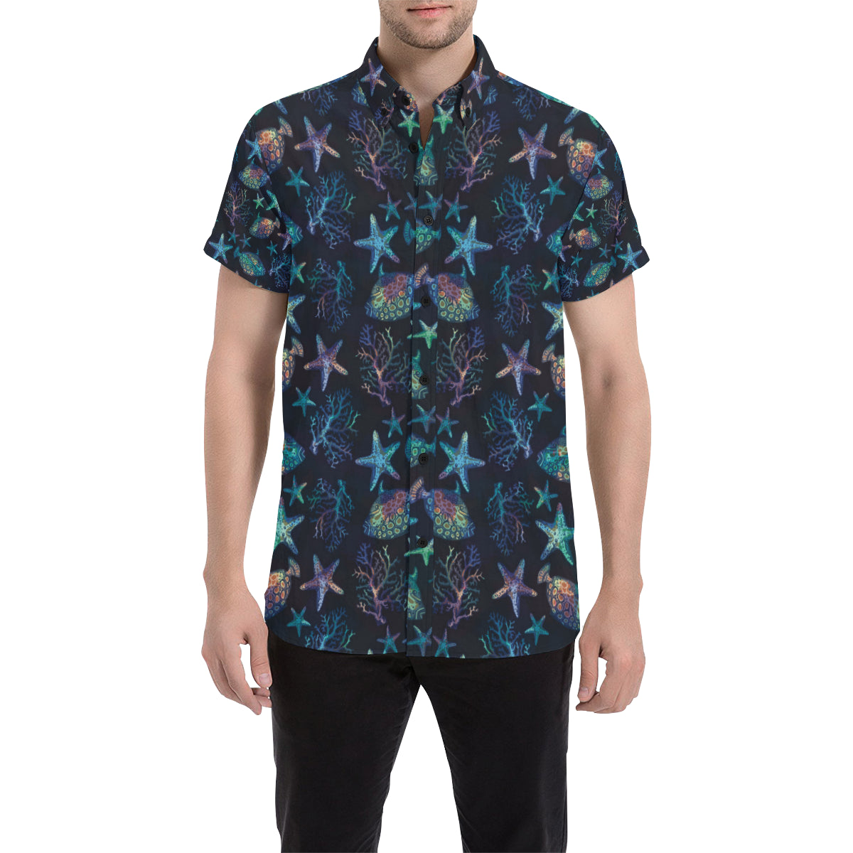 Starfish Pattern Print Design 01 Men's Short Sleeve Button Up Shirt