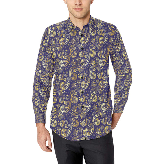 Paisley Blue Yellow Design Print Men's Long Sleeve Shirt