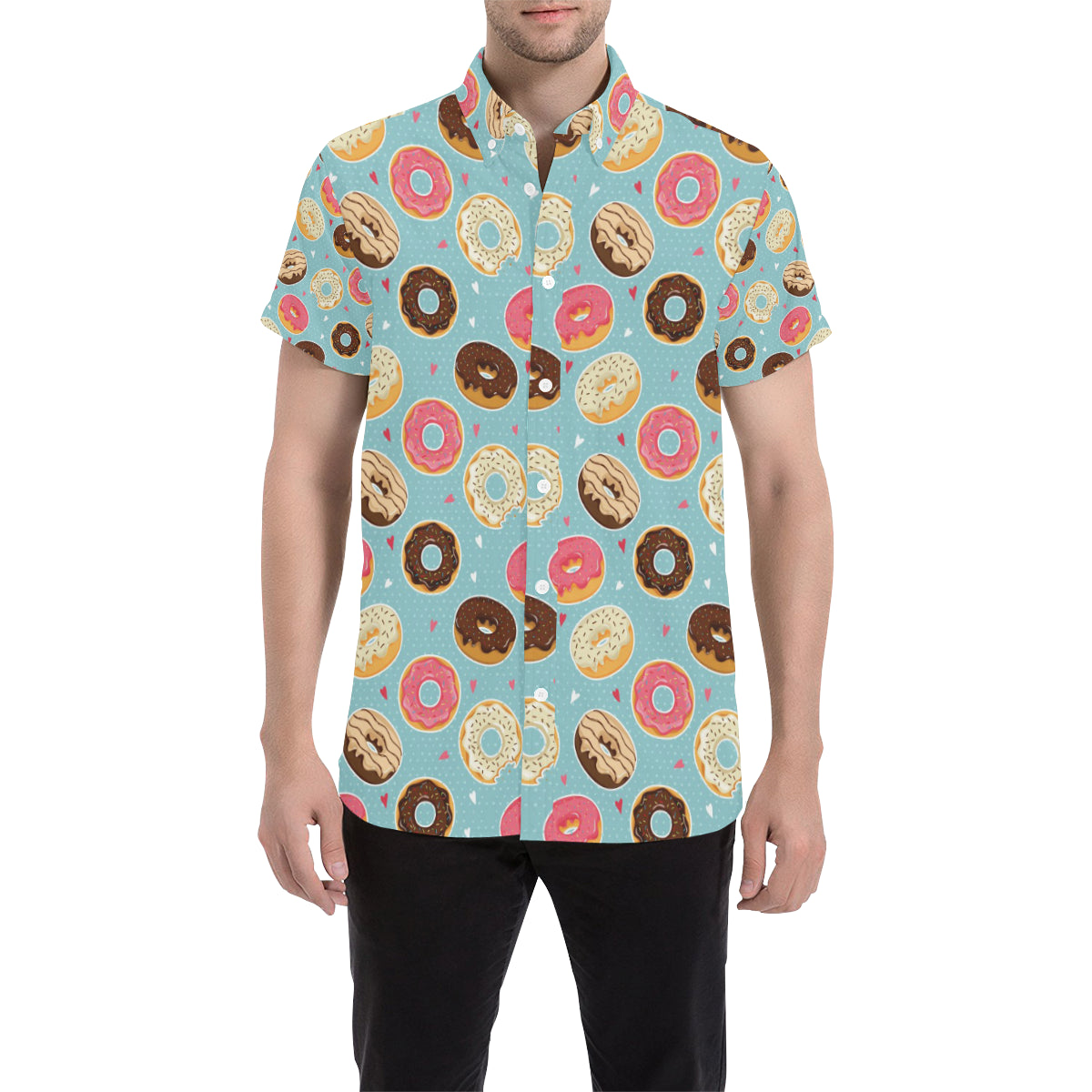 Donut Pattern Print Design DN04 Men's Short Sleeve Button Up Shirt
