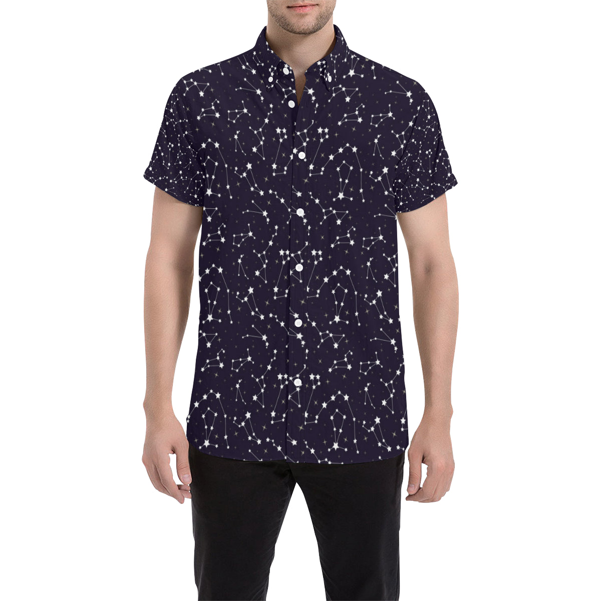 Zodiac Star Pattern Design Print Men's Short Sleeve Button Up Shirt