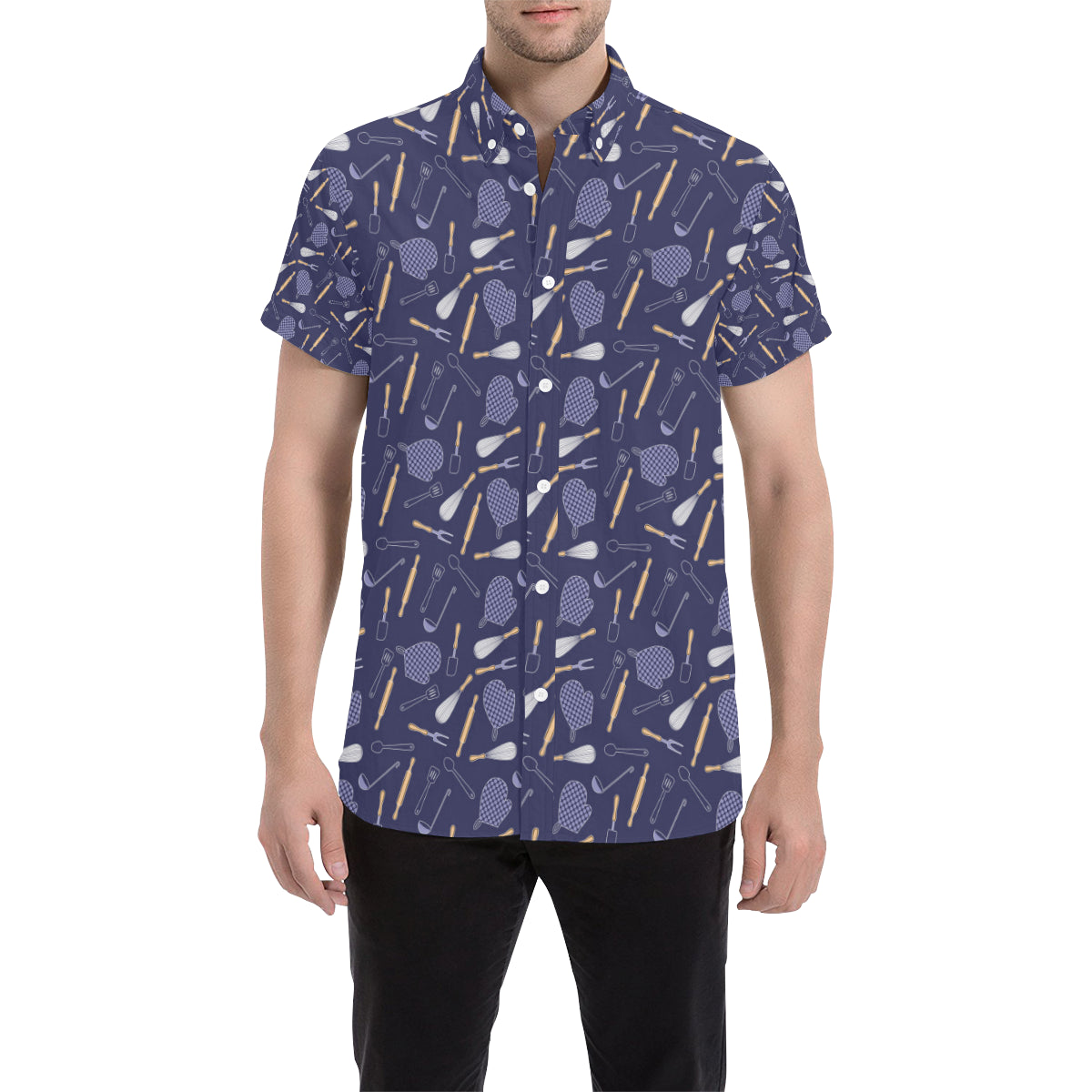 Cooking Kitchen Tools Pattern Print Design 04 Men's Short Sleeve Button Up Shirt