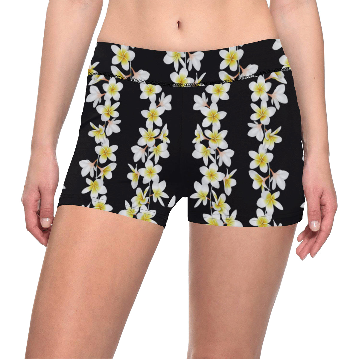 White Plumeria Pattern Print Design PM08 Yoga Shorts