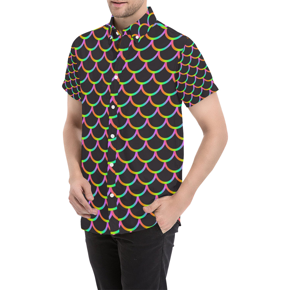 Mermaid Tail Rainbow Design Print Men's Short Sleeve Button Up Shirt