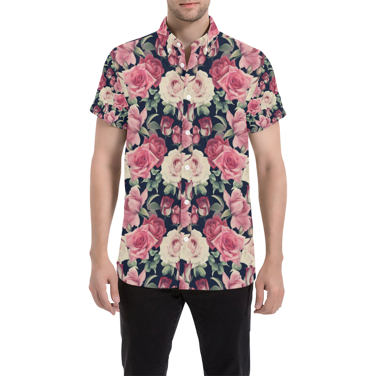 Rose Pattern Print Design RO05 Men's Short Sleeve Button Up Shirt