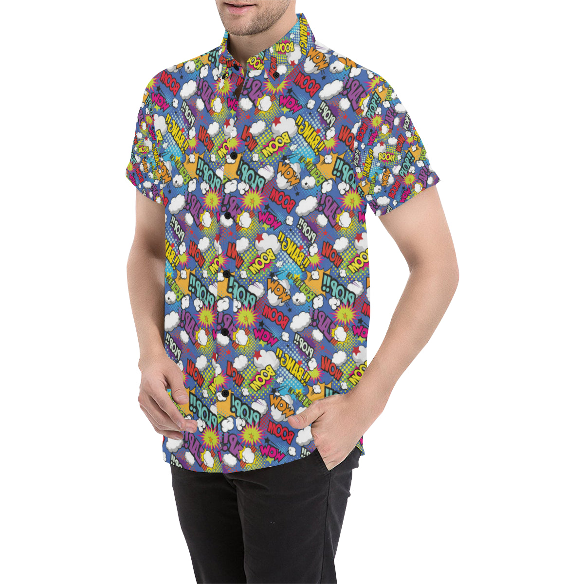Comic Book Pattern Print Design 02 Men's Short Sleeve Button Up Shirt