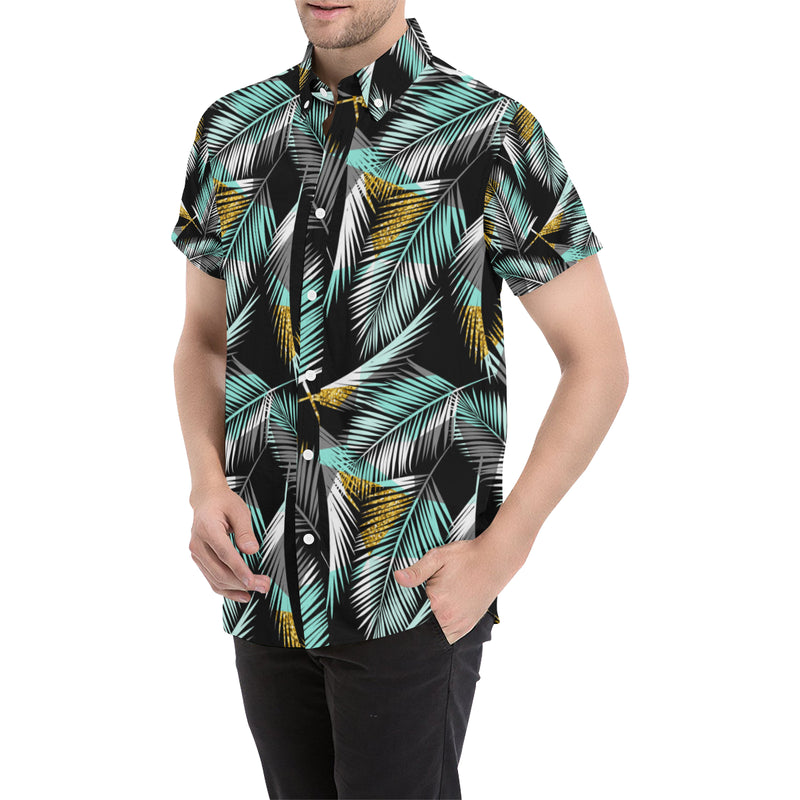 Gold Glitter Cyan Tropical Palm Leaves Men's Short Sleeve Button Up Shirt