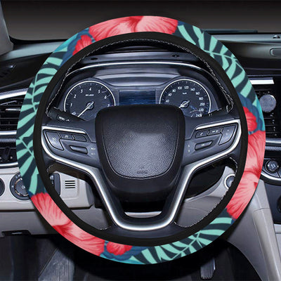 Red Hibiscus Pattern Print Design HB02 Steering Wheel Cover with Elastic Edge