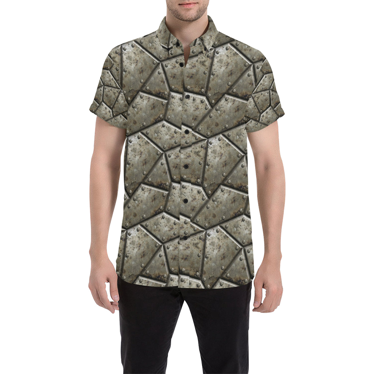 Armor Pattern Print Design 01 Men's Short Sleeve Button Up Shirt