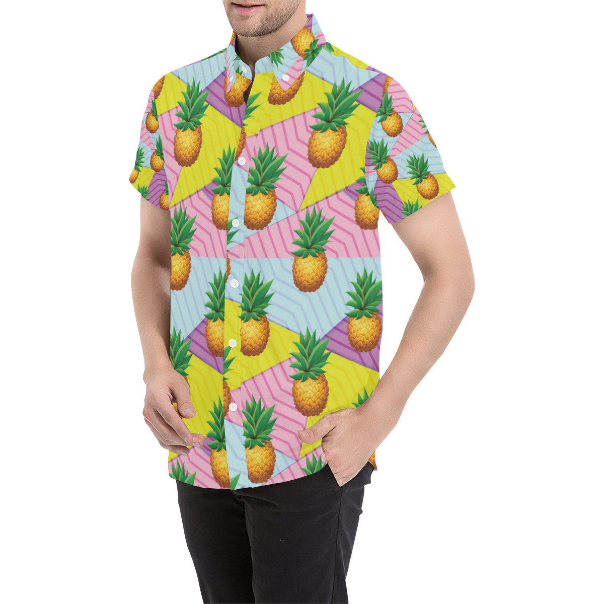 Pineapple Pattern Print Design PP05 Men's Short Sleeve Button Up Shirt