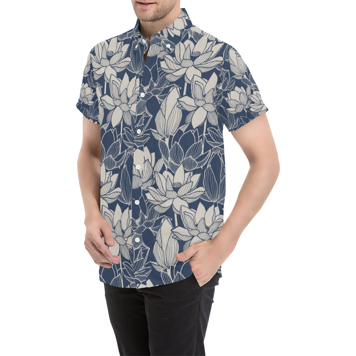 Water Lily Pattern Print Design WL04 Men's Short Sleeve Button Up Shirt