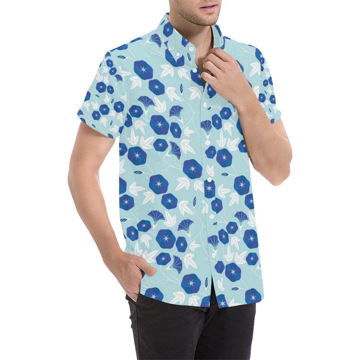 Morning Glory Pattern Print Design MG07 Men's Short Sleeve Button Up Shirt