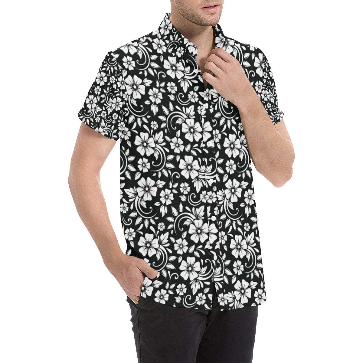 Floral Black White Themed Print Men's Short Sleeve Button Up Shirt