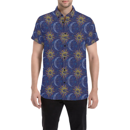 Celestial Moon Sun Pattern Print Design 01 Men's Short Sleeve Button Up Shirt