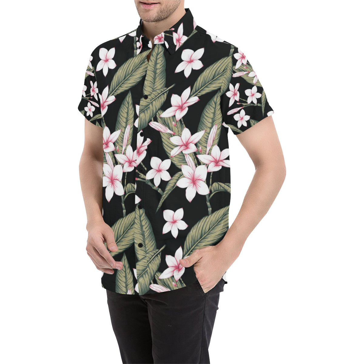 Plumeria Pattern Print Design PM021 Men's Short Sleeve Button Up Shirt