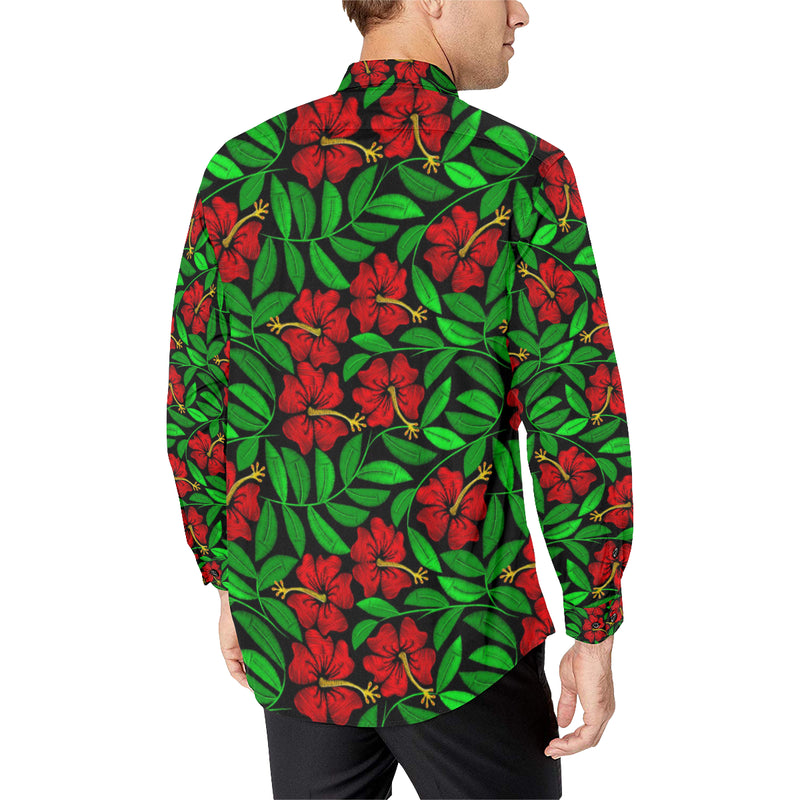 Red Hibiscus Embroidered Pattern Print Design HB03 Men's Long Sleeve Shirt