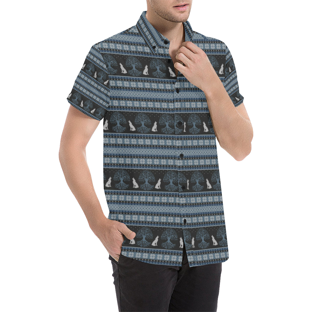 Wolf Tree of Life Knit Design Print Men's Short Sleeve Button Up Shirt